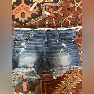 AE Super Stretch Cut Off Distressed Denim Shorts Midi